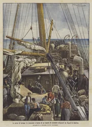 Auf der Suche nach Glück, das Frühstück an Bord eines Dampfers von Bauern, die von Neapel nach Amerika auswandern