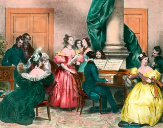 Ein musikalischer Nachmittag in der Familie. Gravur von Achille Deveria (1800-1857), Gravur des 19. Jahrhunderts. Private Sammlung