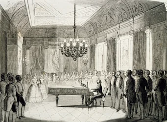 Musikalischer Abend mit Klavier, von Achille Deveria, Gravur, Frankreich