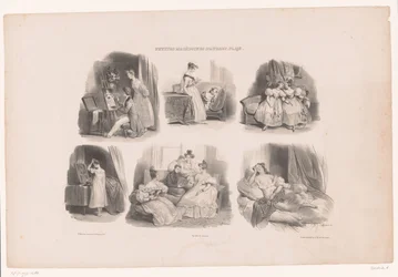 Sechs Darstellungen von jungen Frauen in einem Interieur