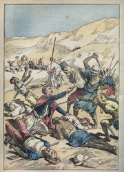 Tod des Marquis von Mores und seiner Gefährten in der Nähe von El-Ouatia in Tunesien im Jahr 1896 - Illustration von Achille Lemot in 