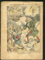 Illustration von Achille Lemot in Le Pelerin, 25/04/09 - Voltaire ist nicht zufrieden - Antimasonismus, Religion, Katholizismus - Laizismus, Laizität, Laizistische Gesetze - Voltaire, Jeanne d