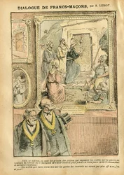 Illustration von Achille Lemot (1846-1909) in Le Pelerin, 31/03/07 - Dialog der Freimaurer - Kunst, Antimasonismus, Religion Glaube, Katholizismus - Trennung von Kirche und Staat, Inventare/Reaktionen auf Inventare
