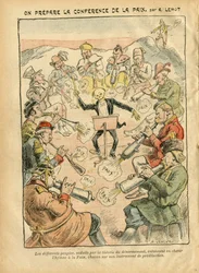 Illustration von Achille Lemot (1846-1909) in Le Pelerin, 03/02/07 - Vorbereitung der Friedenskonferenz - Russland, Deutschland Preußen, Asien, Musik, Amerika USA, England Großbritannien, Osten, Europa, Italien, China, Kanonen, Granaten, Frieden, Tanz, Fra