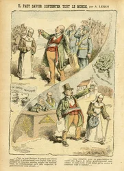 Illustration von Achille Lemot (1846-1909) in Le Pèlerin, 03/09/05 - Man muss wissen, wie man alle zufriedenstellt - Antiklerikalismus, Antimasonismus Freimaurerei, Religion Glaube, Medaille, Bloc des Gauches, Katholizismus - Vertreibungen von Geistlichen,