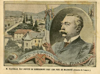 Illustration von Achille Lemot (1846-1909) in Le Pelerin, 07/02/04 - M. Flayelle, gewählter Abgeordneter von Remiremont mit 1200 Stimmen Mehrheit - Wahlen, Elsass Lothringen, Abgeordnetenkammer, Patriotismus, Grenzen, Remiremont, Vogesen - Abgeordneter, Fl