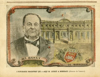 Illustration von Achille Lemot (1846-1909) in Le Pelerin, 07/05/05 - Der ehrenwerte Magistrat, der M. Loubet in Bordeaux empfing - Architektur, Urbanismus, Präsident der Republik, Bordeaux - Bürgermeister, Daney Alfred (1832-1911)