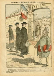 Illustration von Achille Lemot in Le Pelerin, 20/01/07 - Oft entsteht Gutes aus Bösem - Armee, Religion Glaube, Kasernen, Militärdienst, Katholizismus - Militärdienst Heilung, Laizismus Laizität Laien Gesetze - Heilungen