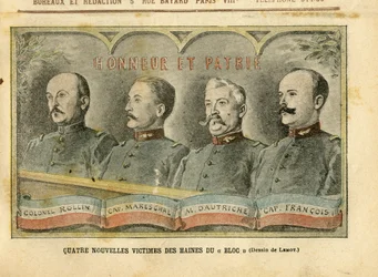 Illustration von Achille Lemot (1846-1909) in Le Pelerin, 20/11/04 - Vier neue Opfer des Hasses des Blocks - Armee, Affaire des Fiche, Patriotismus - Oberst Rollin, Hauptmann Mareschal, Dautriche, Hauptmann Francois