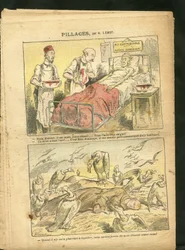 Illustration von Achille Lemot (1846-1909) in Le Pelerin, 21/02/09 - Plünderungen - Medizin, Religion Glaube, Besteuerung, Katholizismus - Säkularisierung, Kongregationen - Geier, Medizin, Steuerzahler, Mönche