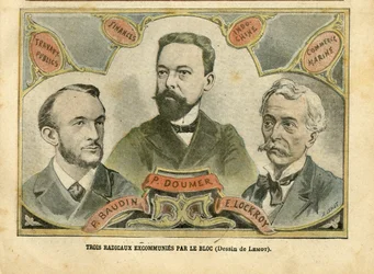 Illustration von Achille Lemot (1846-1909) in Le Pelerin, 23/10/04 - Drei Radikale exkommuniziert vom Bloc - Budget Finanzen, Präsident der Republik, Maritime Marine Nautique Balneaire, Bloc des Linken, Indochina, Öffentliche Arbeiten - Doumer Paul (1857-1