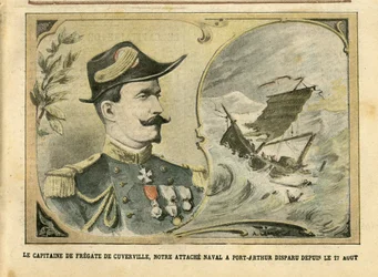 Illustration von Achille Lemot (1846-1909) in Le Pelerin, 25/09/04 - Der Kapitän der Fregatte von Cuverville, unser Marineattaché in Port-Arthur, seit dem 17. August verschwunden - Armee, Marine, Nautik, Port-Arthur, Schiffbruch - De Cuverville