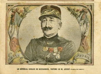 Illustration von Achille Lemot (1846-1909) in Le Pelerin, 27/03/04 - General Geslin von Burgund, Opfer von Herrn Andre - Armee, Fall der Karten - Andre Louis, General Generäle, Jules Henri Geslin von Burgund (1812-1897)