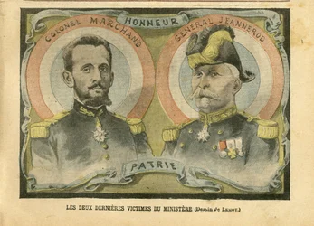 Illustration von Achille Lemot (1846-1909) in Le Pelerin, 29/05/04 - Die letzten beiden Opfer des Ministeriums - Armee, Kriegsministerium, Patriotismus - Laizismus Laizität Laizistische Gesetze - Marchand Jean-Baptiste (1863-1924), General Generäle, Jeanne