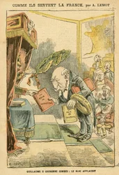 Illustration von Achille Lemot (1846-1909) in Le Pelerin, 31/01/04 - Wie sie Frankreich dienen - Deutschland Preußen, Religion Glaube, Bloc des Left, Patriotismus, Katholizismus - Vertreibungen von Religiösen - Combes Emile (1835-1921), Wilhelm II, Delsor 
