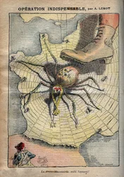 Unerlässliche Operation - Freimaurerei, da ist der Feind! - Karikatur von Achille Lemot in „Le Pèlerin“ vom April 1907