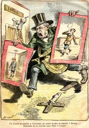 Die Ergebnisse: ein Gymnasiast begeht in Clermont Suizid, ein anderer in Bourg: Ergebnisse einer Moral ohne Gott in der Schule! - Karikatur von Achille Lemot (1846-1909) in Le Pelerin (1909) - Gegensatz zwischen laizistischem und religiösem (katholischem)