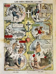 Die zwei Schulen: Karikatur über die Unterschiede zwischen der konfessionellen Schule und der laizistischen Schule - von Lemot, in „Le Pèlerin“ vom 04.04.1909