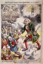 Voltaire ist mit Achille Lemot (1846-1909) nicht zufrieden - Karikatur über die Freimaurer - in "Pèlerin", 25/04/1909