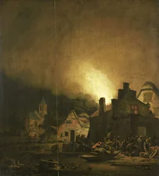 Feuer bei Nacht in einem Dorf
