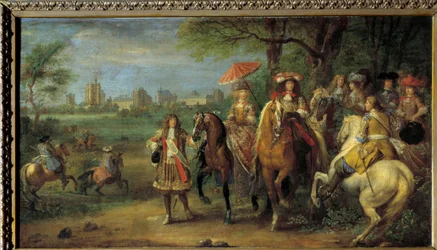 König Ludwig XIV. (1638-1715) und Königin Marie-Therese von Österreich (1638-1683) vor dem Schloss Vincennes im Jahr 1669