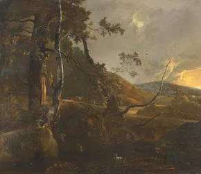 Waldlandschaft mit einem Hirten auf einem Pfad und einer einsamen Ziege