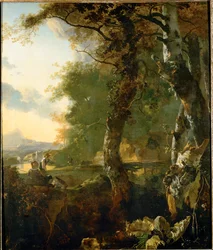 Landschaft mit Bäumen und Hirten