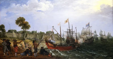 Ein niederländisches Kriegsgeschwader greift eine spanische Kolonialfestung an, verteidigt von Booten