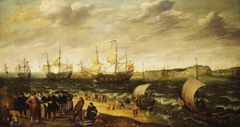 Kriegsschiffe segeln aus einer Mündung mit Figuren im Vordergrund