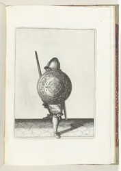 Die Übung mit Schild und Speer: Der Soldat in einer Verteidigungshaltung mit einem Fuß nach vorne und mit seinem Rapier und Schild auf dem Knie vor dem Körper, von vorne gesehen, 1618 (Serie)