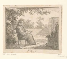 Porträt von Arnoldus a Sancta Clara mit einem Buch in einem Garten