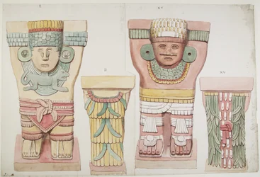 Karyatiden II und XV aus der äußeren Kammer, Oberer Tempel der Jaguare, Chichen Itza, Mexiko