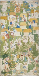 Abzeichnung einer Wandmalerei vom südlichen Paneel der Westwand, Oberer Tempel der Jaguare, Chichen Itza, Mexiko