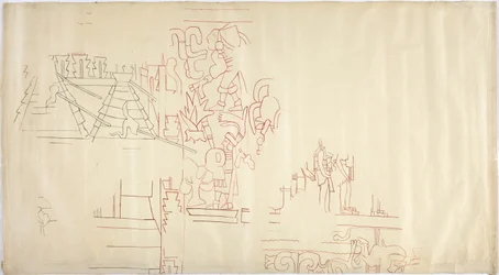 Abzeichnung eines Wandgemäldes aus Casa de Monjas, Chichen Itza, Mexiko, nachgezeichnet und übermalt in schwarzer und roter Tinte