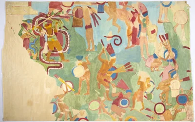 Abzeichnung einer Wandmalerei aus der inneren Kammer, Oberer Tempel der Jaguare, Südwand, Großer Ballspielplatz, Chichen Itza, Mexiko