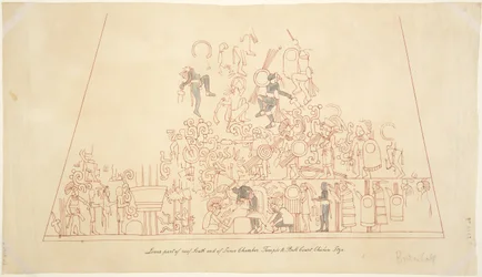Abzeichnung eines Wandgemäldes aus dem südlichen Gewölbe, innere Kammer, Oberer Tempel der Jaguare, Chichen Itza, Mexiko