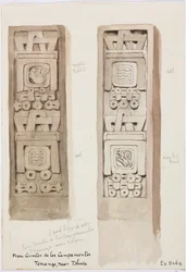 Zwei Säulen, beide mit Steinreliefs, Cerritos de los Campamentos, Tenago, in der Nähe von Toluca, Mexiko