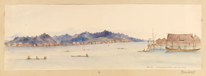 Borneo - Blick vom Haus auf den Fluss, aus West Indies, North American and Borneo scrapbook, ca. 1845