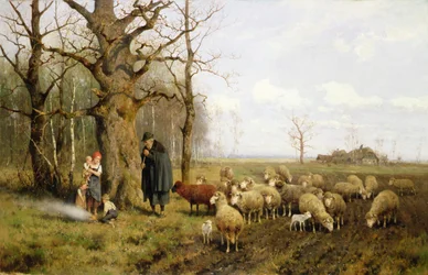 Kinder mit einem Schäfer und Schafen in einer Landschaft