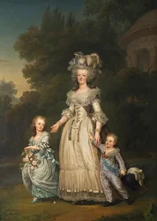 Königin Marie Antoinette von Frankreich und zwei ihrer Kinder im Park von Trianon, 1785