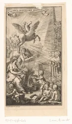 Allegorische Darstellung mit schreibender Frau, Büsten, Pegasus und Apollo