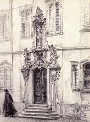 Ein Mann steigt die Treppe eines Gebäudes mit barockem Portal hinunter, 1884