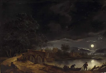 Vollmond über Dorf am Fluss mit Brücke und Personenstaffage