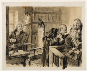 Adam spricht heimlich zu Eva. Licht hört zu. Der Gerichtsrat ruft Adam auf den Richterstuhl zurück. zu Heinrich von Kleist, Der zerbrochene Krug