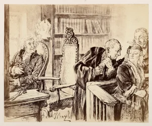 Adam spricht heimlich zu Eva. Licht hört zu. Der Gerichtsrat ruft Adam auf den Richterstuhl zurück, zu Heinrich von Kleists „Der zerbrochene Krug“