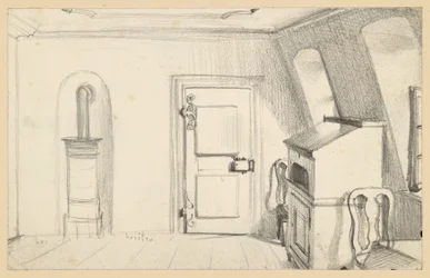 Dachzimmer mit Ofen, Tür, Schreibschrank und Stühlen im Goethehaus in Frankfurt am Main