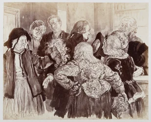 Die alte Brigitte mit der Perücke im Gerichtszimmer. Licht drängt sich mit dem Hut in der Hand durch die Parteien, um die Alte dem Gerichtsrat vorzustellen, zu Heinrich von Kleists „Der zerbrochene Krug“