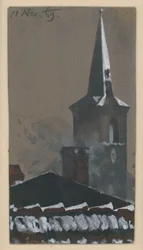 Ziegeldach und Kirchturm, beschneit