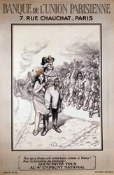 Bank der Pariser Union: „Um Frankreich siegreich zu machen wie bei Valmy! Für die Befreiung des Territoriums! Zeichnet alle die 4. nationale Anleihe!“ Illustration von Adolphe Willette (1857-1926)