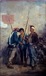 Revolution von 1848: „Das Schlagwort“ Pariser Aufständische verbreiten das Wort in der Nähe der Barrikaden am 24.02.1848